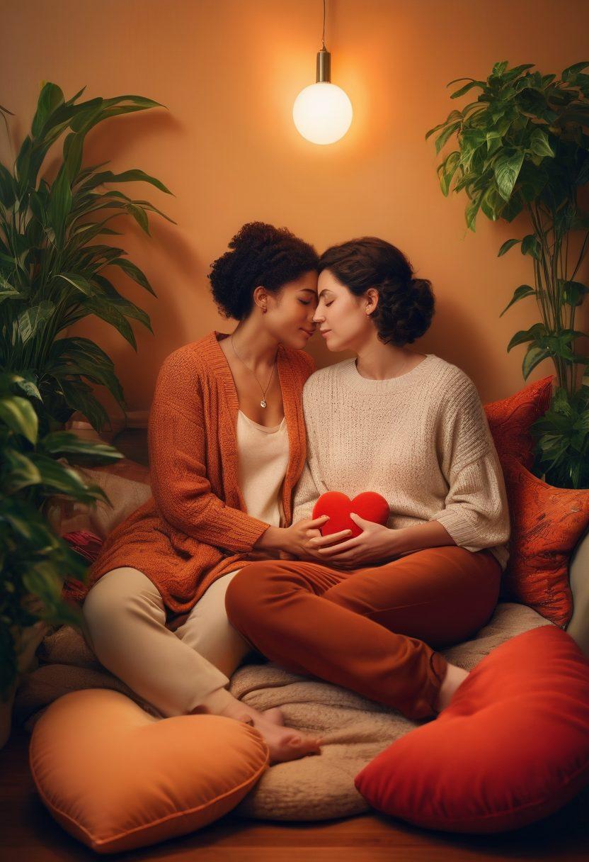 A cozy, intimate scene depicting two people sitting in a warm, softly lit room, engaged in heartfelt conversation. Surround them with symbols of compassion, such as a heart-shaped cushion and flowering plants, while capturing their emotional expressions of understanding and connection. Utilize warm colors to evoke a sense of comfort and closeness. super-realistic. vibrant colors. soft lighting.